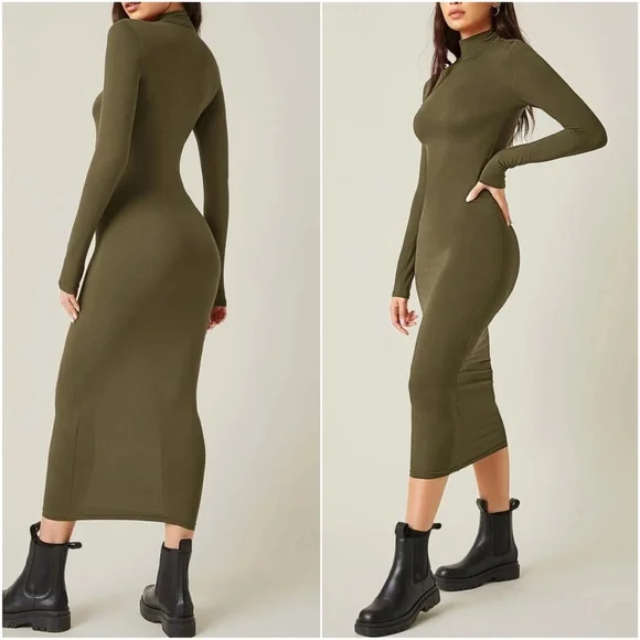 Army Green mock neck fitted midi dress Party - Picture 8 of 8